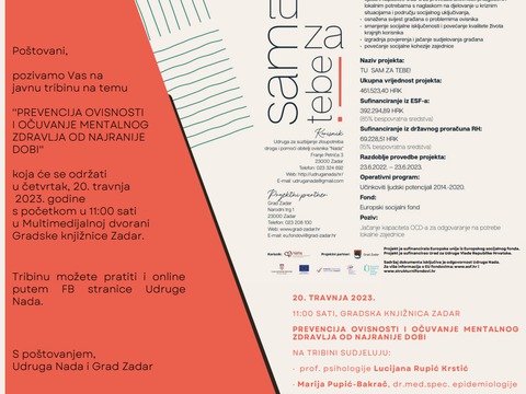 Najava javne tribine: PREVENCIJA OVISNOSTI I OČUVANJE MENTALNOG ZDRAVLJA OD NAJRANIJE DOBI